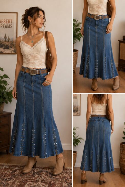 Reba Dresses & Skirts - Y2K Denim Maxi Skirt Rhinestone Studded Boho Western Flare Jean Skirt Size 14